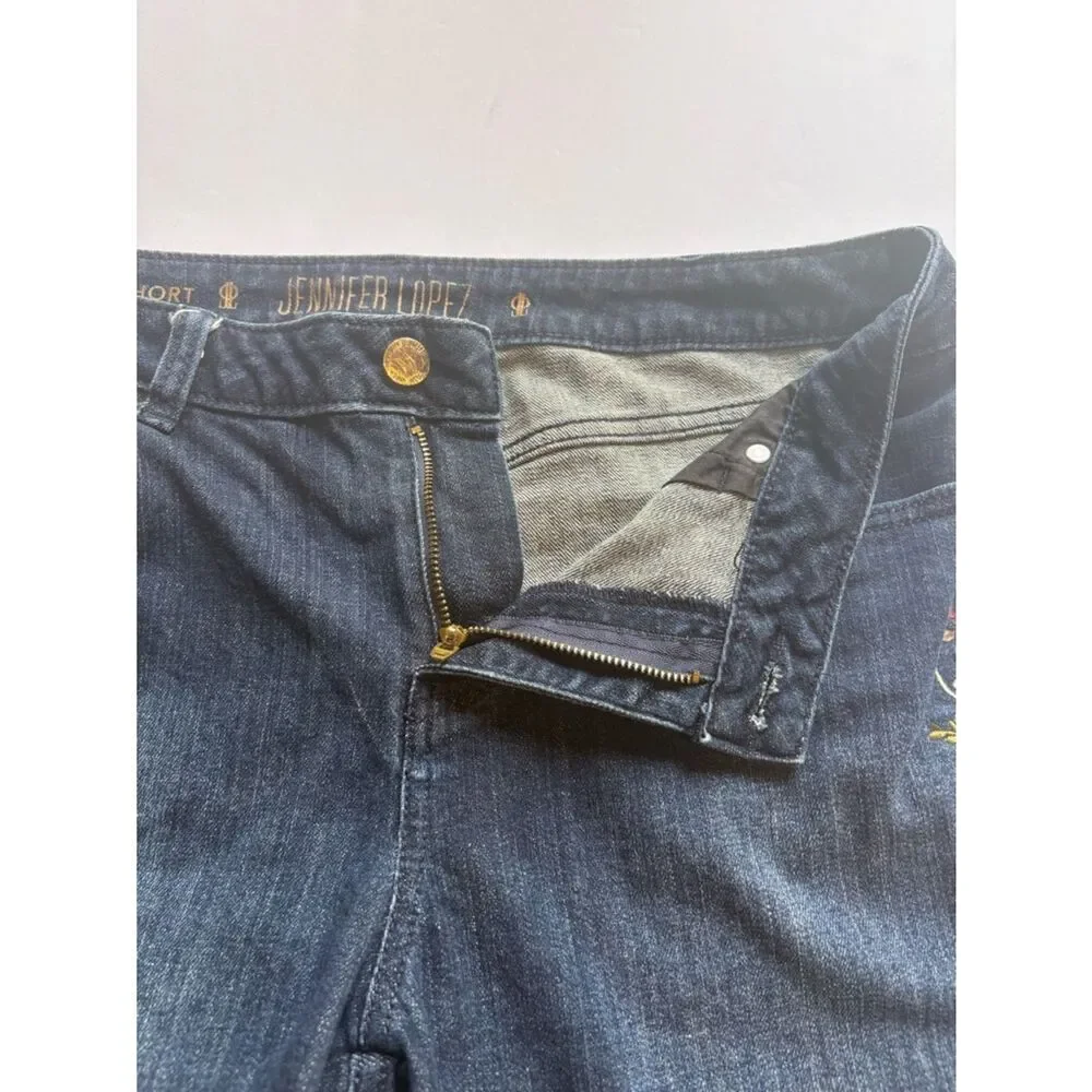 Jennifer Lopez Women's Dark Blue Embroidered Denim Roll-Cuff Shorts Size 8